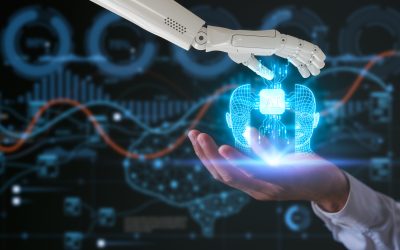 artificial intelligence AI tech concept, robot hand and man hand holding virtual ai icon on blurred ai technology background